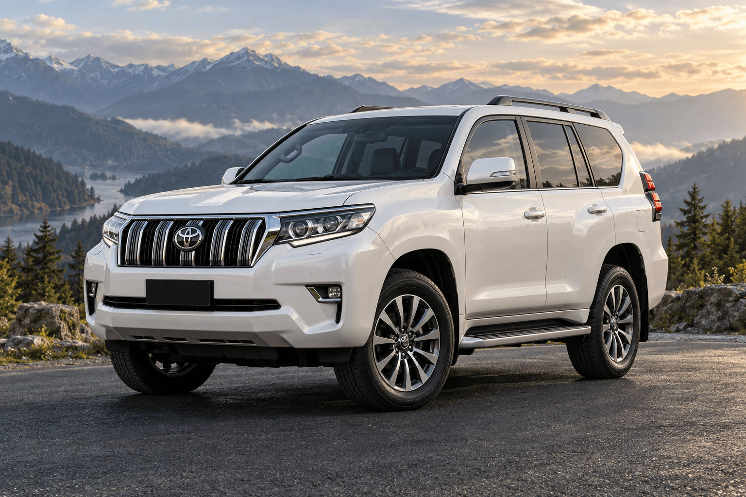 Illustrative white Toyota Prado in a scenic mountain setting